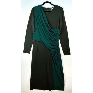 Hugo Boss Eretha Black Green Colorblock Dress Sz XL Ruched Long Sleeve Cocktail
